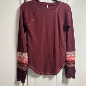 Free People Red and Pink Hoodie with Patterned Cuffs